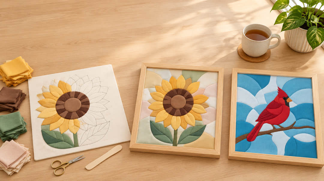 A kinusaiga board in progress next to two finished framed pictures