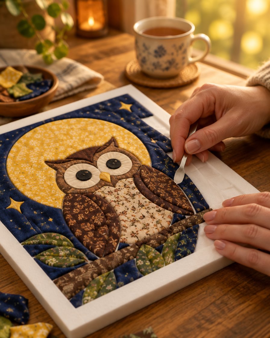 Hands tucking fabric into a Kinu Calm owl kit