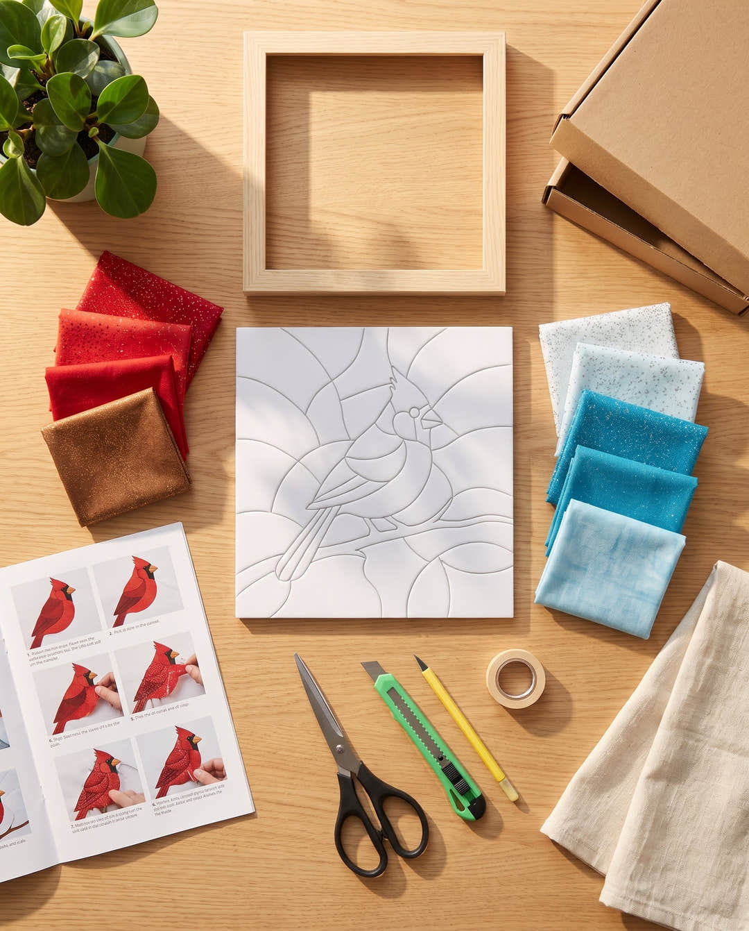 Everything in the red cardinal kinusaiga kit: line board, fabrics, tools, frame and instructions