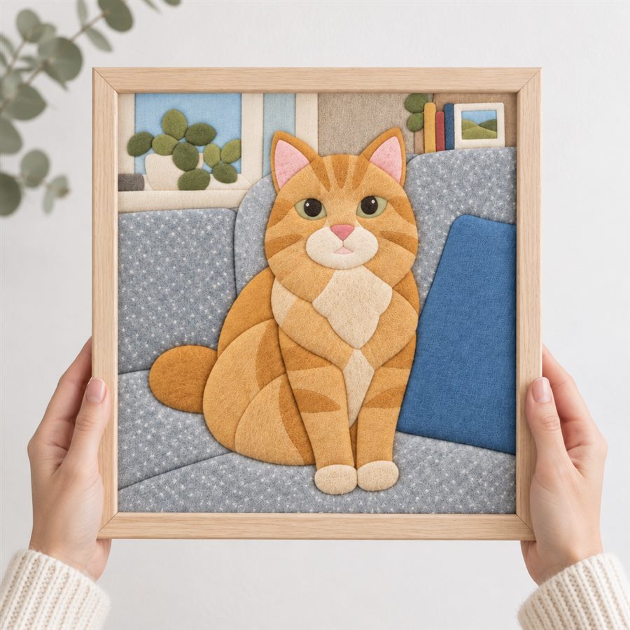 The same photo as a finished fabric artwork, held in hands