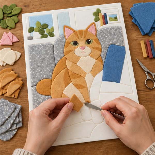 Hands tucking fabric pieces into the kit board