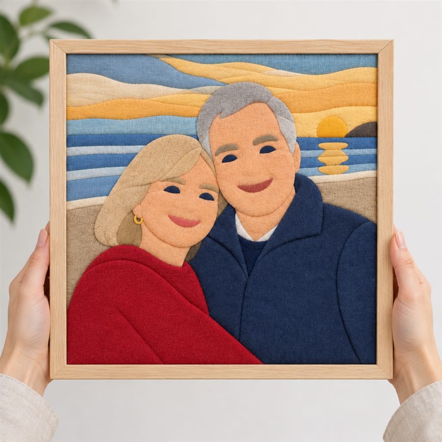 The same photo as a finished fabric artwork, held in hands