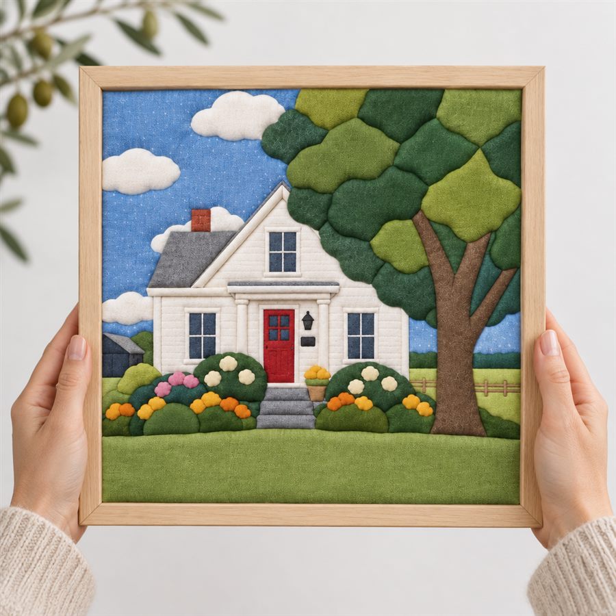 The same photo as a finished fabric artwork, held in hands